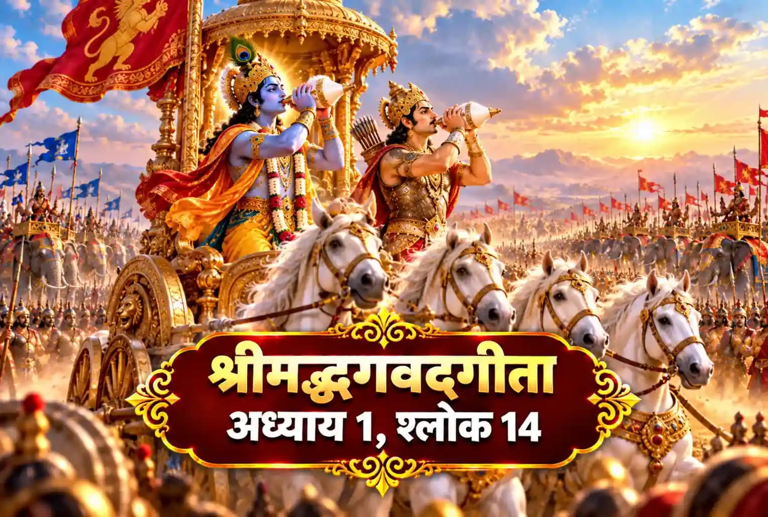 श्रीमद्भगवद्गीता, अध्याय 1, श्लोक 14 : श्रीकृष्ण और अर्जुन ने क्यों बजाए दिव्य शंख? जानिए रथ और श्वेत घोड़ों का रहस्य
